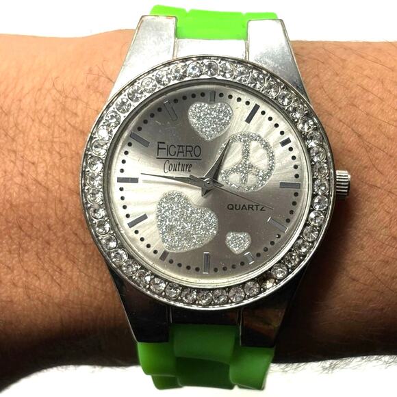 Silver & Green Figaro Heart Watch - Picture 2 of 5